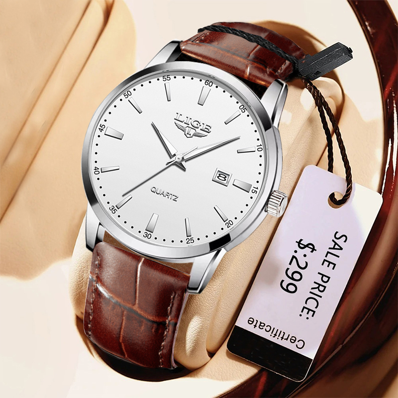 Leather Watch Band Men - LIGE マン腕時計ファッションレザーストラップメンズ腕時計ミリタリースポーツ防水カレンダークォーツ腕時計男性時計リロイ Hombre