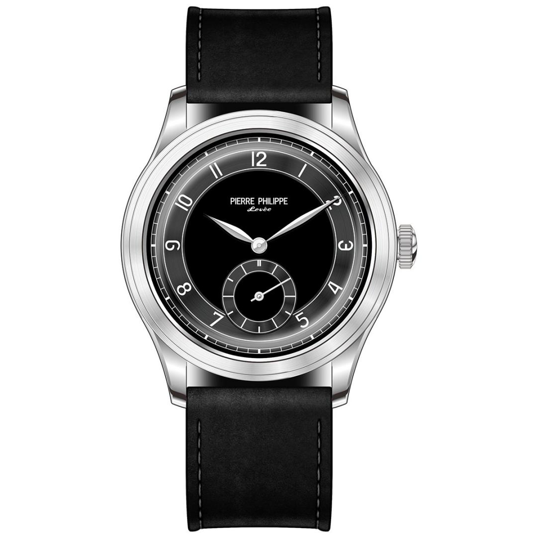 Tropic Strap Vintage - ピエール・フィリップ メンズ ヴィンテージ 手巻き式機械式腕時計、黒色のエナメル文字盤、ST17ムーブメント、本革ストラップ、38mm