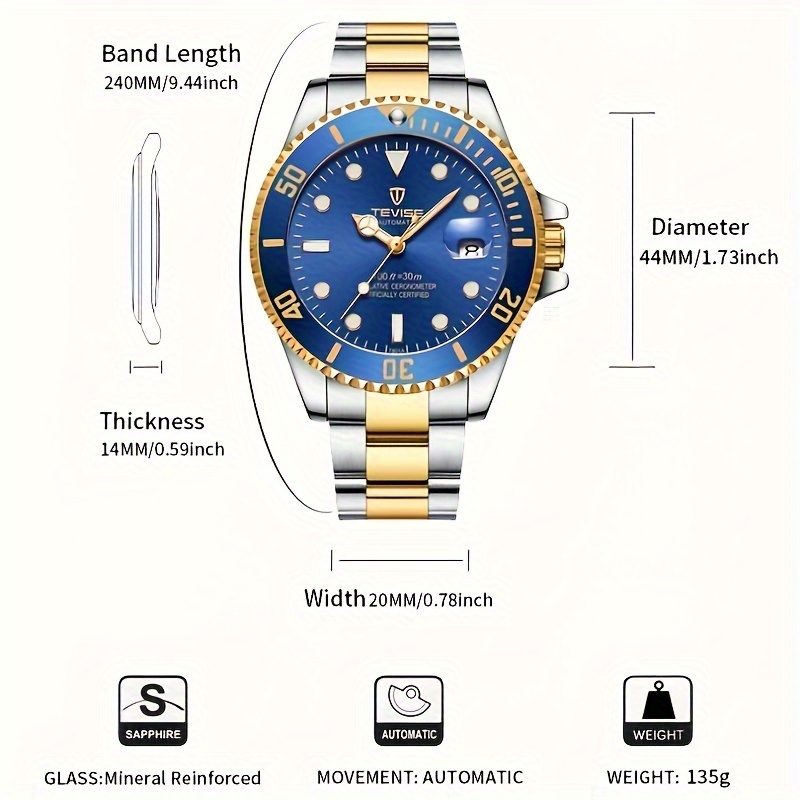 Tevise-男性用機械式腕時計、ステンレス鋼、さまざまな色 - Rolex Watch Submariner のレビューと価格
